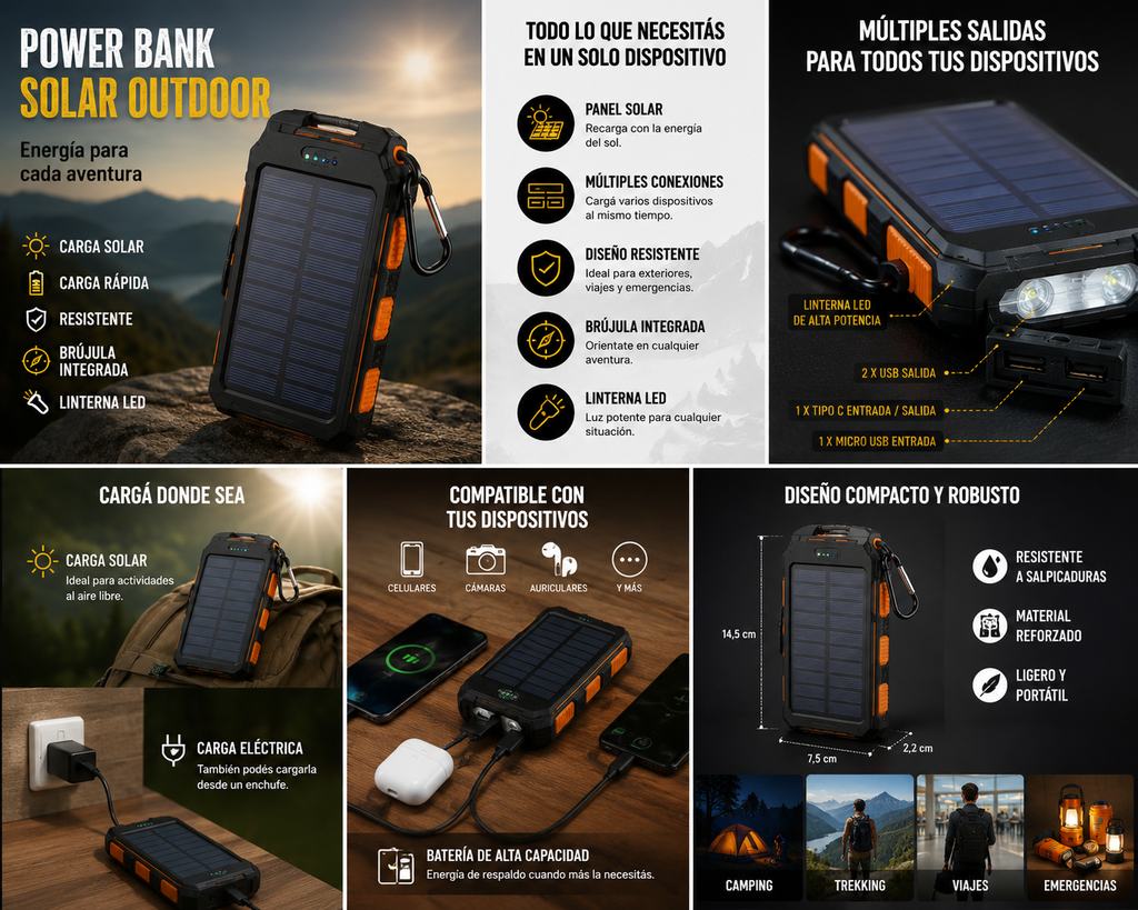 Power Bank Solar Outdoor – Energía Portátil para Cualquier Aventura ☀️🔋